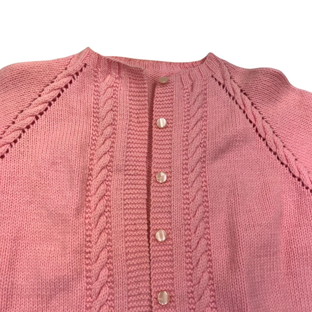 VTG Handcrafted Pink Knit Cardigan Puffy Bishop Sleeve Cable Knit Sweater Medium